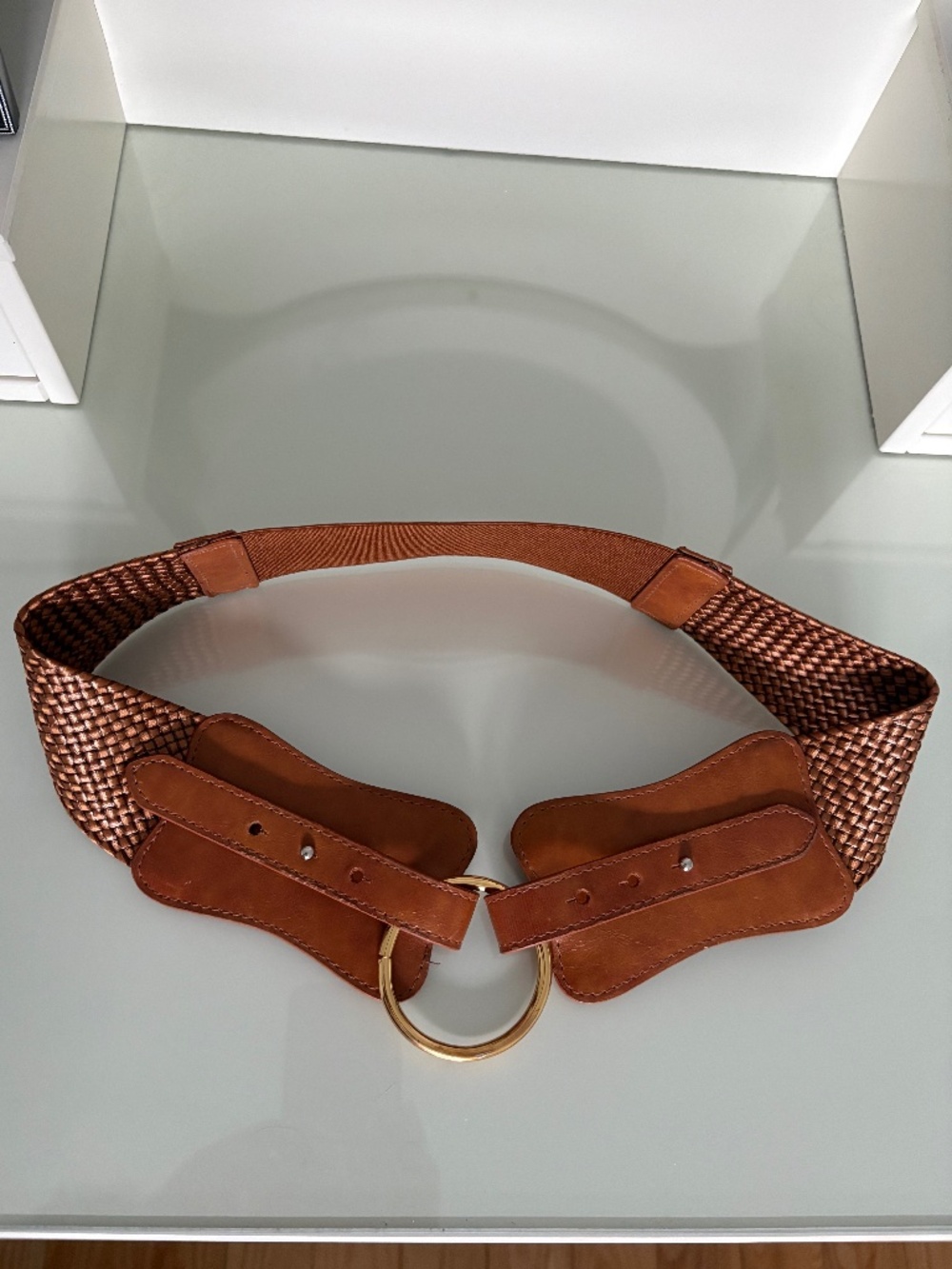Vintage Cognac Woven Elastic Waist Belt Gold Ring 34” Boho M/L